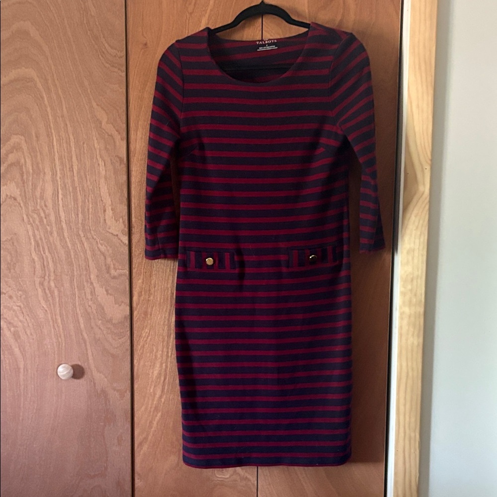Talbots Burgundy and Navy Striped 3/4 Sleeve Dress